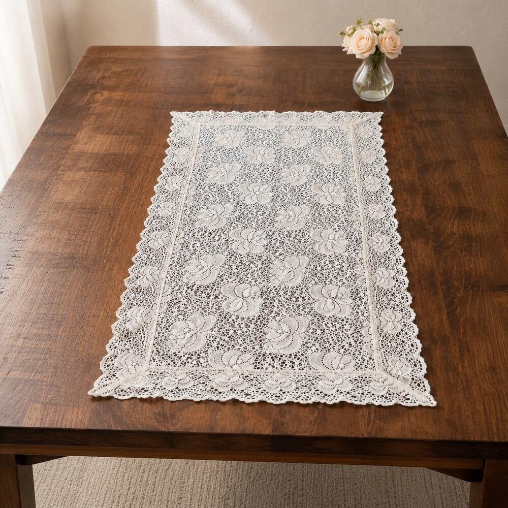 Vintage Ivory Floral Lace Table Runner 29 x 13 Scalloped Rose Pattern